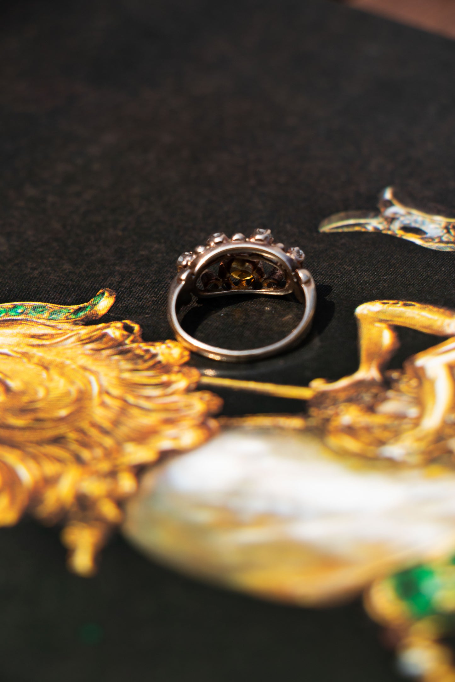 Antique 14k Citrine and Old Mine Cut Diamond Ring